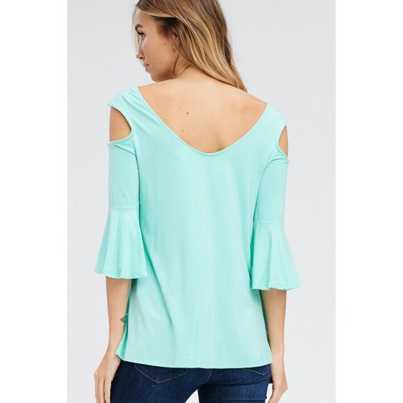 Stay Fashionable with This Trendy Open Shoulder 3/4 Bell Sleeve Top Blouse - Picture 2 of 8